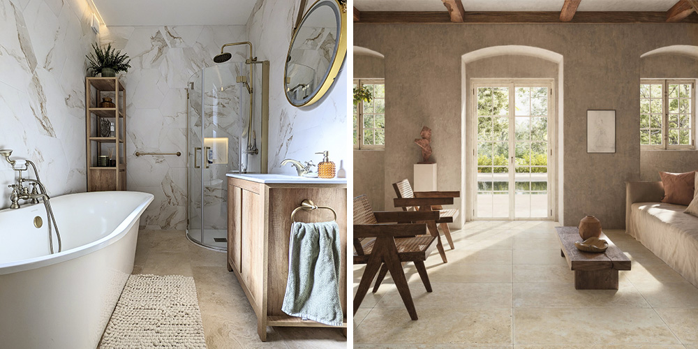 (Left) Calacatta hex gold bathroom tiles, (Right) Travertino light antique-effect porcelain floor tiles